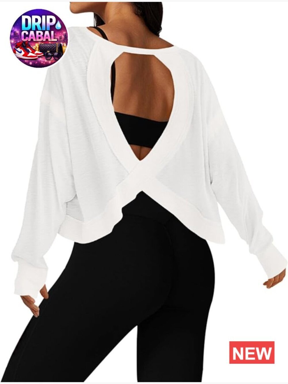 Long Sleeve Open Back Workout Top with Boat Neck Crop Athletic Tee for Women